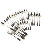 A quantity of Georgian silver cutlery, including set of 8 Fiddle pattern dinner forks, 54.8oz