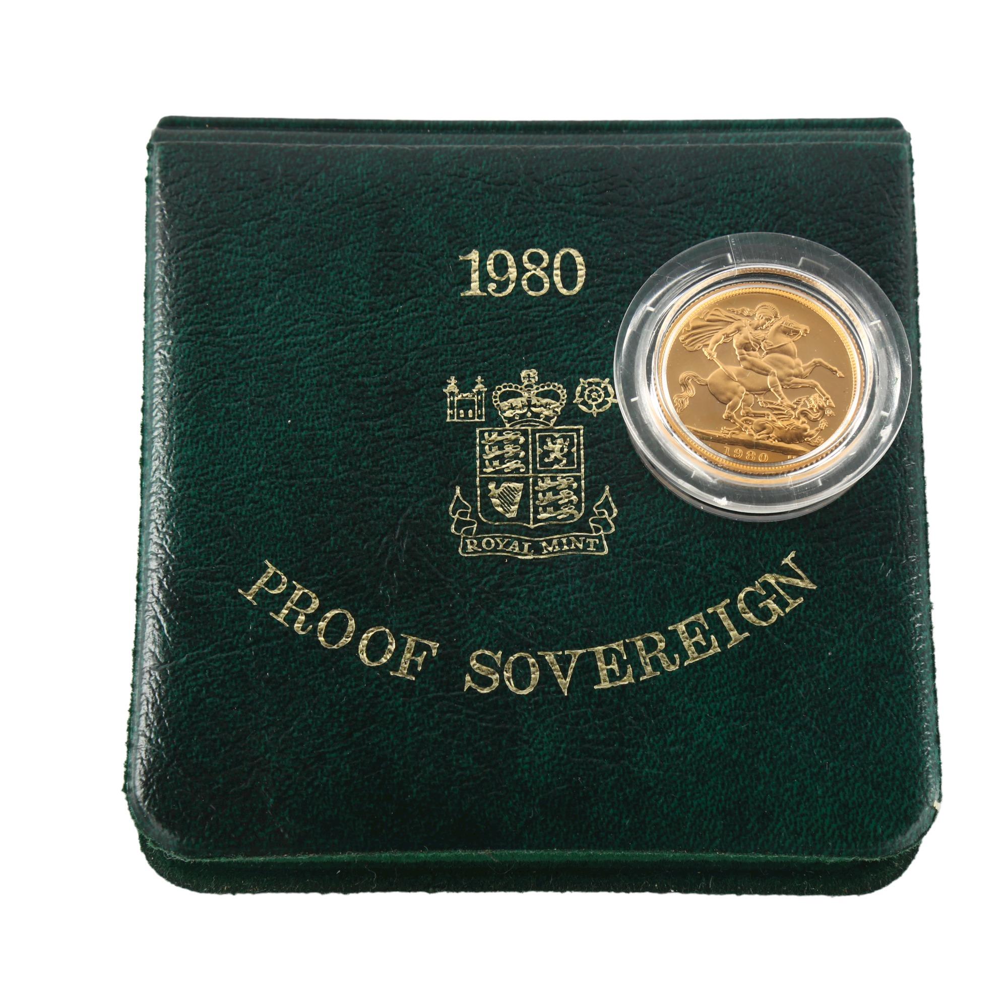 An Elizabeth II 1980 gold full proof full sovereign coin, Royal Mint, cased No damage