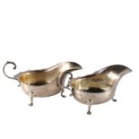 A pair of George V silver sauce boats, with C-shaped handles, by Barker Brothers Ltd, hallmarks