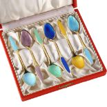 FRIGAST - a set of 6 Danish vermeil sterling silver and harlequin enamel coffee spoons, with