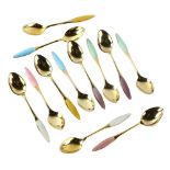 FRIGAST - a set of 12 Danish vermeil sterling silver and harlequin enamel coffee spoons, length 9.