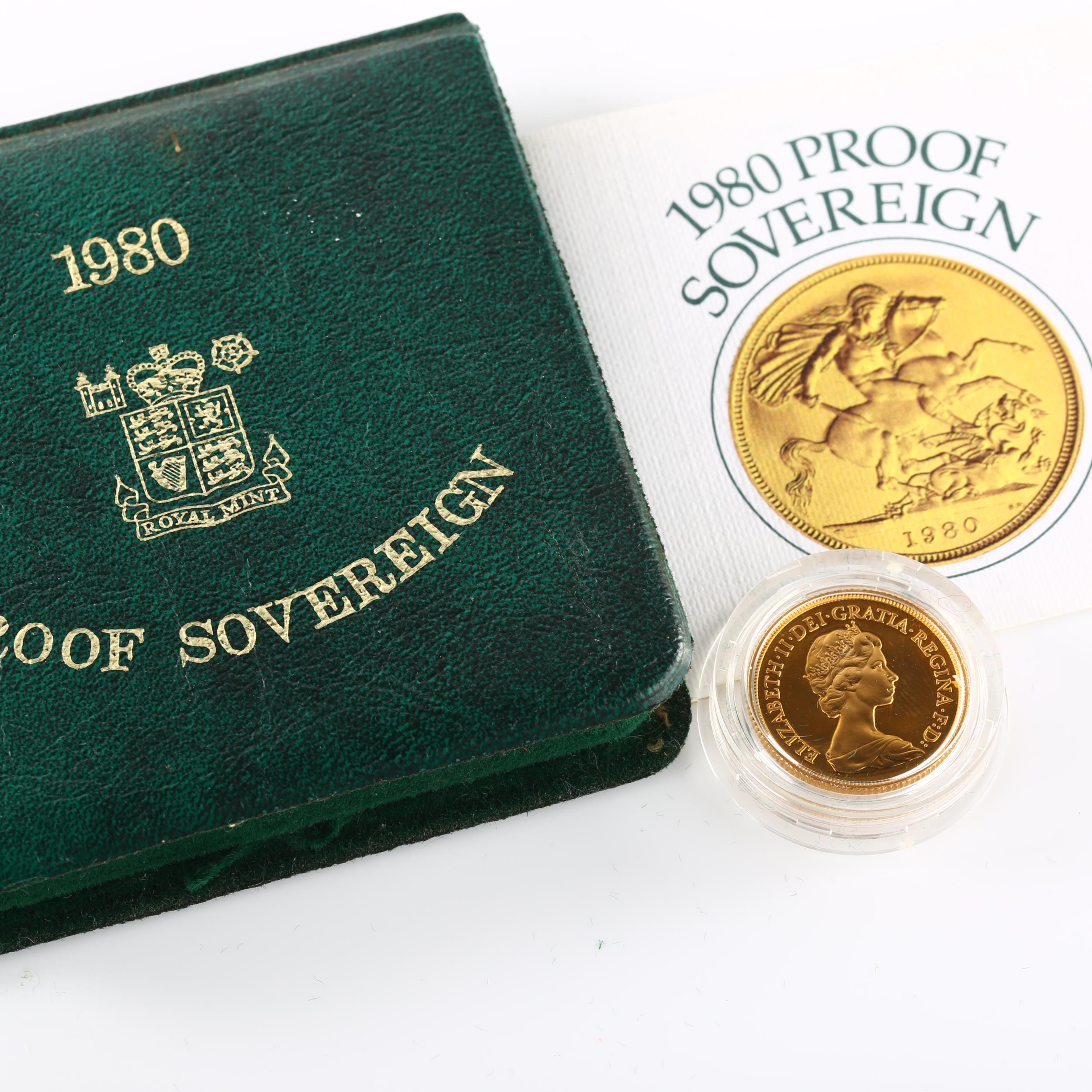 An Elizabeth II 1980 gold full proof full sovereign coin, Royal Mint, cased No damage - Image 4 of 4