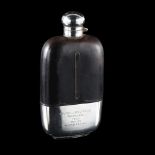 A large Edwardian silver and leather mounted glass spirit flask, with screw-lock cap and