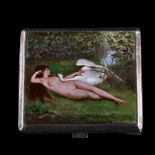 An Antique silver plated enamel cigarette case, hand painted cover depicting Leda and the Swan, with