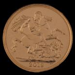 Elizabeth II 2019 uncirculated gold full sovereign coin, with Harrington & Byrne certificate of