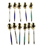 MEKA - a set of 11 Danish vermeil sterling silver and harlequin enamel coffee spoons, length 9cm