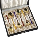 EGON LAURIDSEN - a set of 6 Danish vermeil sterling silver and harlequin enamel coffee spoons,