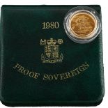 An Elizabeth II 1980 gold full proof full sovereign coin, Royal Mint, cased No damage