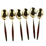 MEKA - a set of 6 Danish vermeil sterling silver and red enamel coffee spoons, length 9cm No