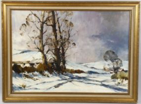 Mid-20th century oil on board, snowy landscape, unsigned, 60cm x 85cm, framed Good condition