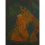 Early to mid-20th century oil on board, cubist nude composition, indistinctly signed, 74cm x 57cm,