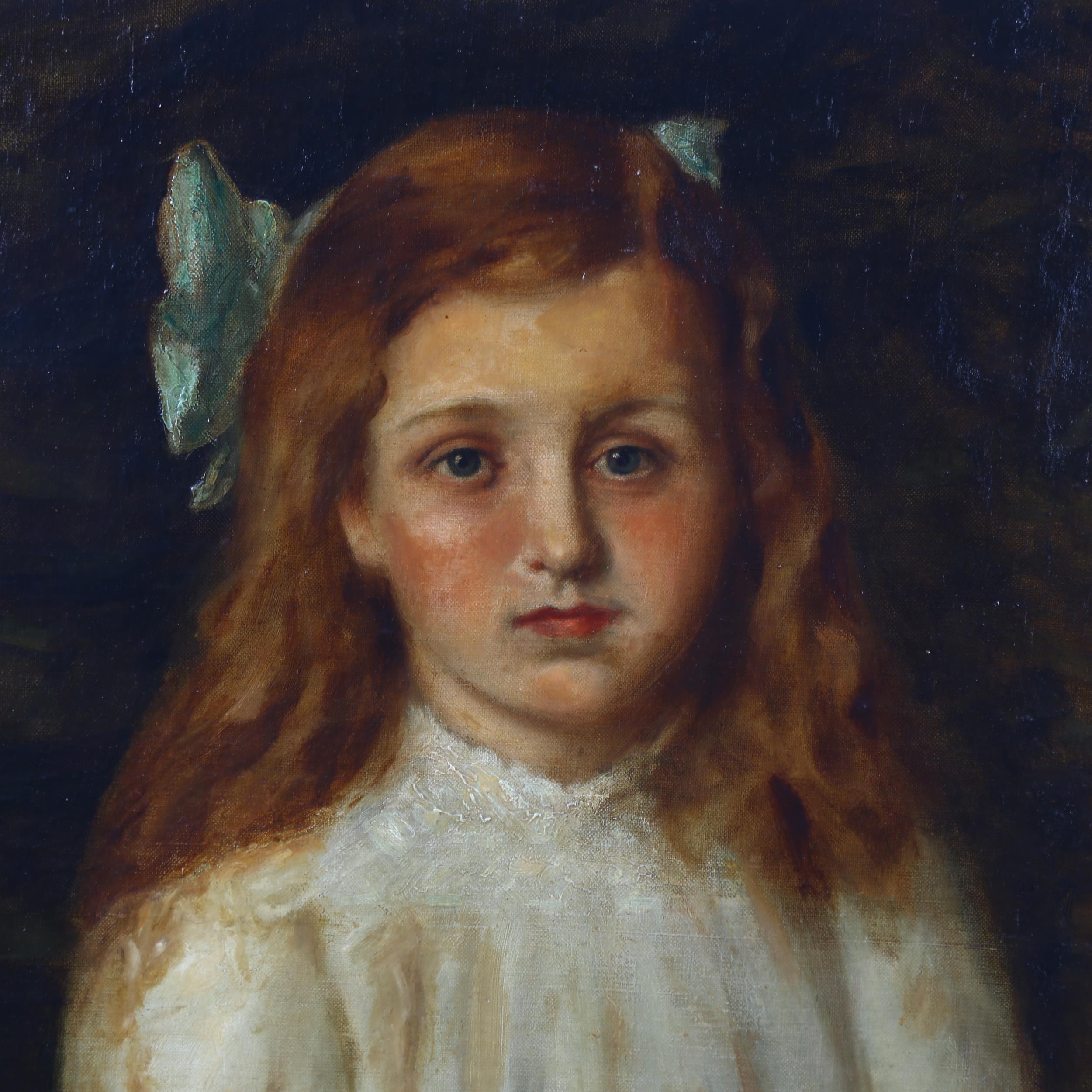 19th century oil on canvas, portrait of a girl, unsigned, 94cm x 68cm, framed Canvas has been - Bild 2 aus 4