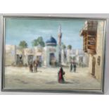 Contemporary oil on canvas laid on board, North African street scene, unsigned, 50cm x 69cm,
