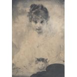 19th century monochrome watercolour, portrait of a girl with a cat, unsigned, 27cm x 19cm, framed