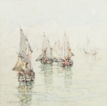 Peter Moffet Lindner (1852 - 1949), watercolour, sailing boats, signed, 30cm x 30cm, framed A couple