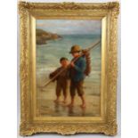 Hugh Carter (1837 - 1903), oil on canvas, boys at the shore, signed, 60cm x 40cm, framed Canvas