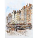 Alex Jawdokimov (born 1937), watercolour, harbour scene Honfleur, 46cm x 35cm, framed Good