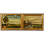 Pair of oils on panel, circa 1900, extensive landscapes, unsigned, 24cm x 33cm, framed Untouched