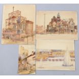 P Schmitt, 4 watercolours, including 3 depicting the rebuilding of Wollenburn