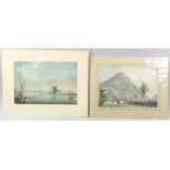 2 x 18th or 19th century watercolours, Continental harbour scene, 34cm x 50cm, and cottage in the