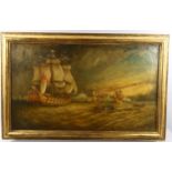 A large 19th century oil on canvas, shipping entering Istanbul harbour, indistinctly signed and