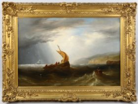John Warkup Swift (1815 - 1869), oil on canvas, a fishing lugger on stormy seas, signed with