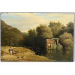 19th century oil on wood panel, figures near an old watermill, unsigned, 29cm x 43cm, framed Good