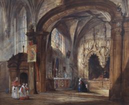 Joseph Nash (1808 - 1878), watercolour, cathedral interior scene, 52cm x 63cm, framed Good
