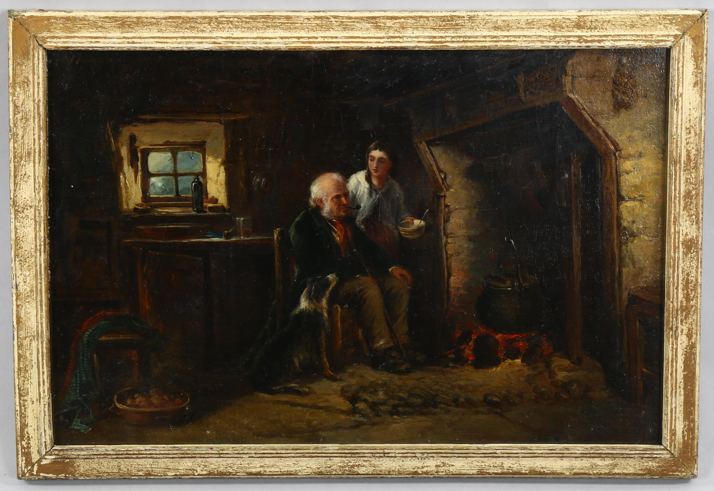 Dave Crockett, oil on canvas laid on board, cottage interior scene, signed with indistinct date