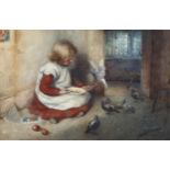 Maude Turner (1862 - 1947), watercolour, girl feeding pigeons, signed, 23cm x 34cm, framed Good