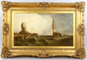 Clarkson Stanfield, oil on canvas, busy Dutch coastal shipping scene, 51cm x 89cm, framed Canvas has
