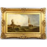 Clarkson Stanfield, oil on canvas, busy Dutch coastal shipping scene, 51cm x 89cm, framed Canvas has