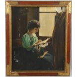 Oil on canvas, woman with a tapestry, signed with monogram EB, 45cm x 37cm, framed Small hole to the