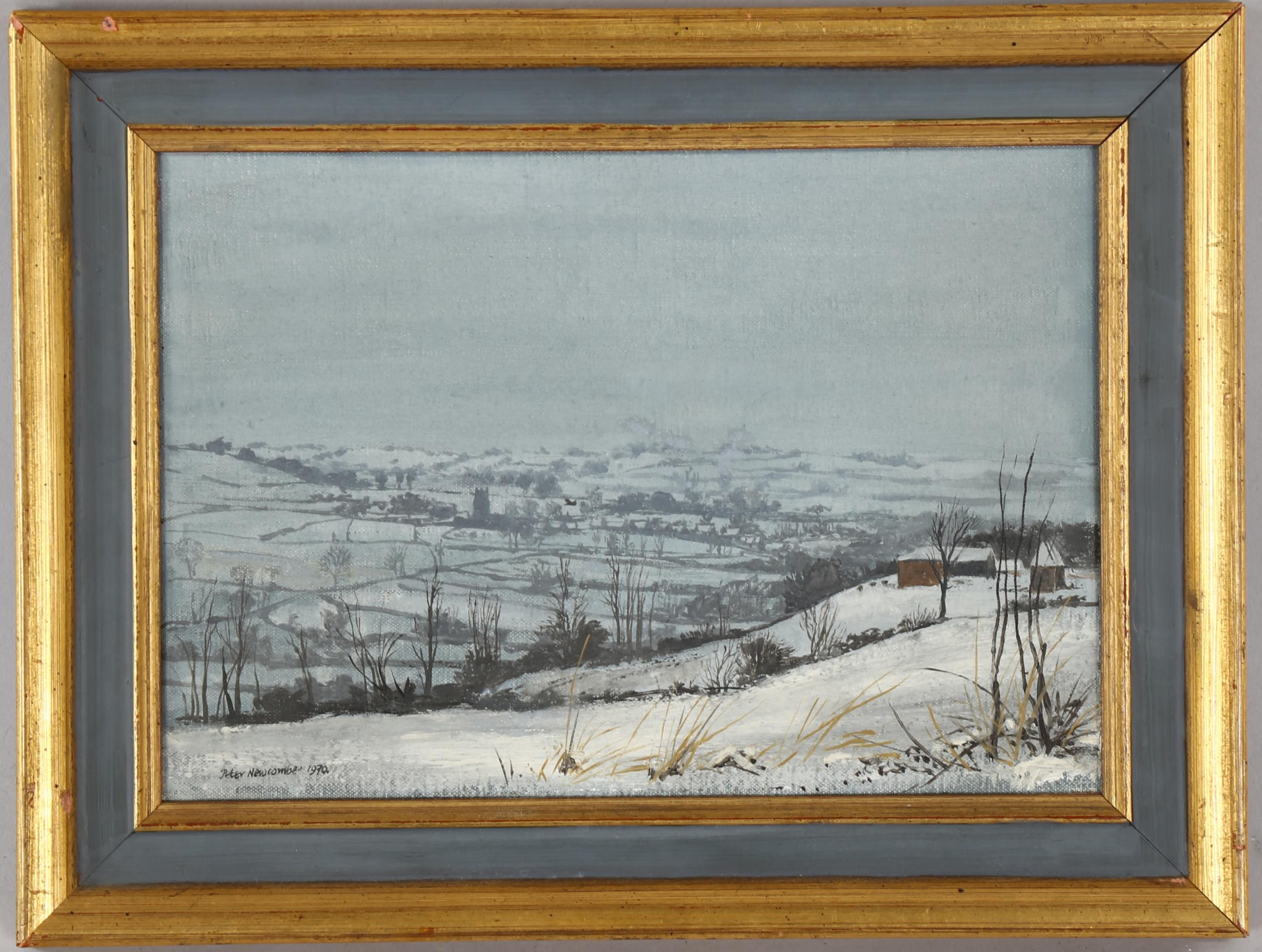 Peter Nuwcombe (1943 - 1991), oil on canvas, winter landscape, 1970, signed, 18cm x 25cm, framed