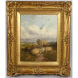 19th century oil on wood panel, sheep in a field, signed with monogram, 45cm x 34cm, framed Panel