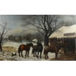 Edwin Roper Stocqueler (Australian - 1829 - 1895), oil on canvas, horses awaiting the blacksmith's