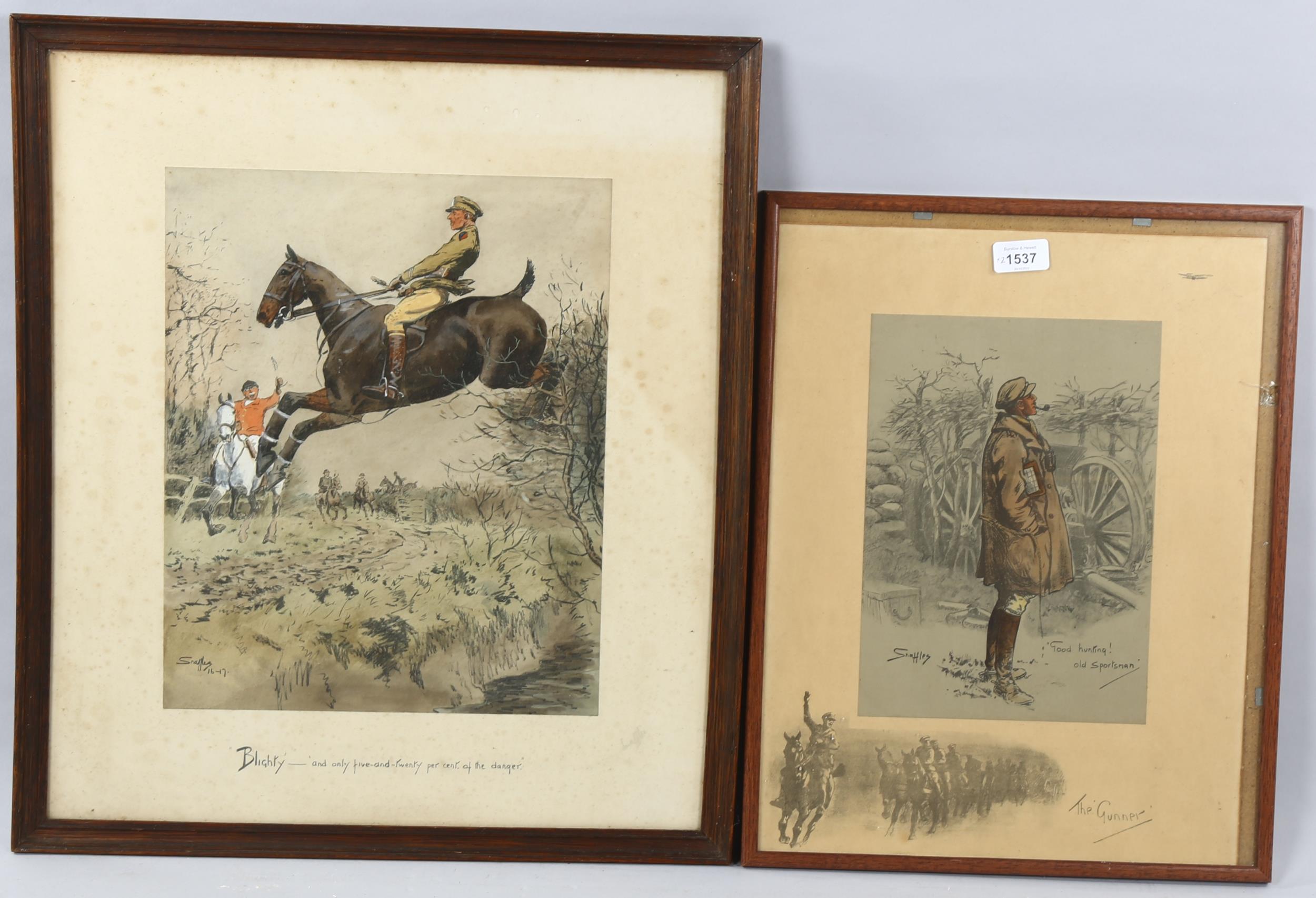 Snaffles, 2 prints, the gunner, 44cm x 33cm, and Blighty, image 38cm x 30cm, framed (2) The gunner