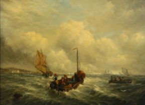 19th century English school, oil on canvas, boats on rough seas, unsigned, 31cm x 41cm, framed