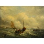 19th century English school, oil on canvas, boats on rough seas, unsigned, 31cm x 41cm, framed