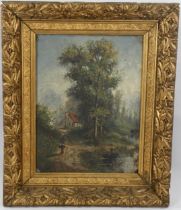 19th century oil on canvas, figure on path, unsigned, 46cm x 35cm, framed Tiny hole in the canvas