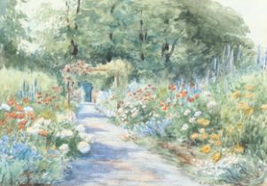 George Frederick Nicholls, watercolour, flower gardens, signed, 23cm x 33cm, framed Good