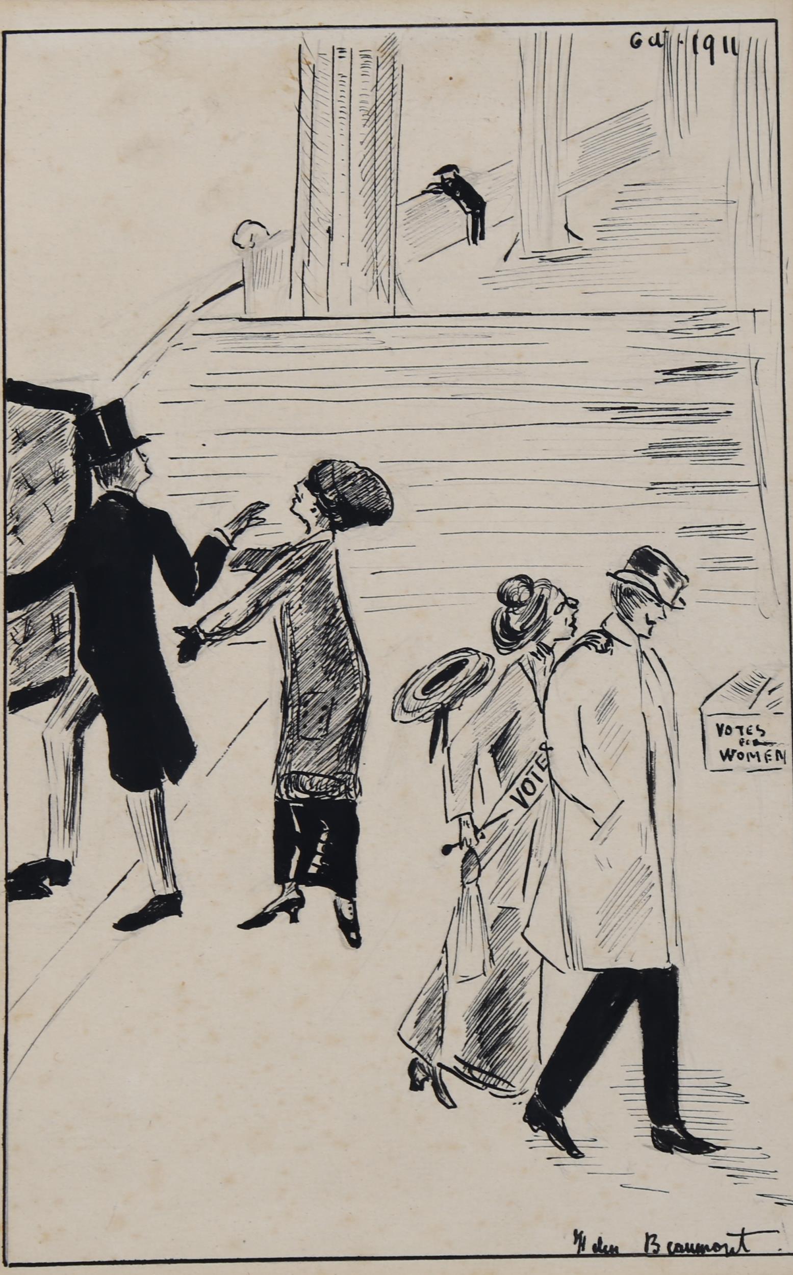 Helen Beaumont, original pen and ink suffragette cartoon dated 1911, 20cm x 30cm, mounted Light