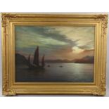 Early 20th century oil on board, moonlit Oriental harbour scene, unsigned, 50cm x 70cm, framed