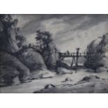 Dr Thomas Monro, charcoal on paper, bridge over a river, 16cm x 21cm, framed Slight paper