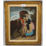Early 19th century watercolour over printed base, Cavalry Officer and woman beside a horse, 33cm x