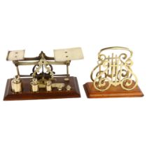 Set of Victorian brass and mahogany postal scales and weights, length 20cm, and brass and mahogany