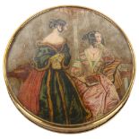 A large French box circa 1840, with polychrome printed lid depicting 2 ladies in contemporary dress,