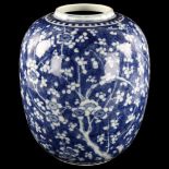 A large Chinese blue and white porcelain jar, hand painted prunus decoration, height 28cm All in