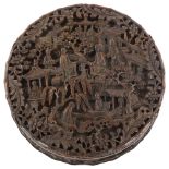 A large Chinese tortoiseshell circular box, allover high relief carved landscape scenes, diameter