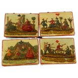4 x 18th century lacquer gaming boxes, polychrome transfer decorated lids in Vernis Martin style,
